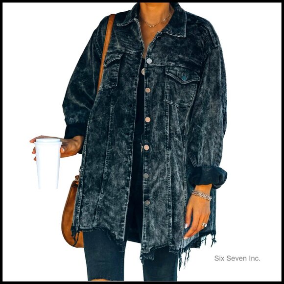 Oversized Corduroy Shacket Retro Distressed Button Down Long Sleeve Casual